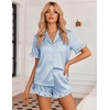 image:imageEkouaer Womens Satin Pajamas Set 2 Piece Button Down Silk Pjs Ruffle Short Sleeve Shorts Set Notch Collar SleepwearBlue Gray Stripes