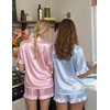 image:imageEkouaer Womens Satin Pajamas Set 2 Piece Button Down Silk Pjs Ruffle Short Sleeve Shorts Set Notch Collar SleepwearBlue White Stripes
