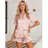 image:imageEkouaer Womens Satin Pajamas Set 2 Piece Button Down Silk Pjs Ruffle Short Sleeve Shorts Set Notch Collar SleepwearCoffee Pink Leopard