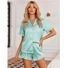 image:imageEkouaer Womens Satin Pajamas Set 2 Piece Button Down Silk Pjs Ruffle Short Sleeve Shorts Set Notch Collar SleepwearGreen White Stripes