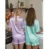 image:imageEkouaer Womens Satin Pajamas Set 2 Piece Button Down Silk Pjs Ruffle Short Sleeve Shorts Set Notch Collar SleepwearGreen White Stripes