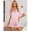 image:imageEkouaer Womens Satin Pajamas Set 2 Piece Button Down Silk Pjs Ruffle Short Sleeve Shorts Set Notch Collar SleepwearPink White Stripes