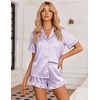image:imageEkouaer Womens Satin Pajamas Set 2 Piece Button Down Silk Pjs Ruffle Short Sleeve Shorts Set Notch Collar SleepwearPurple White Stripes