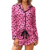image:imageEkouaer Satin Pajamas Set for Women 2 Piece Silky Long Sleeve and Ruffle Shorts Pajamas Button Down Pjs Loungewear SetRose Red Heart Leopard Print