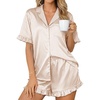 image:imageEkouaer Womens Satin Pajamas Set 2 Piece Button Down Silk Pjs Ruffle Short Sleeve Shorts Set Notch Collar SleepwearChampagne Stripes