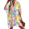 image:imageEkouaer Womens Swimsuit Cover Up 34 Sleeve Beachwear Bikini Coverups Button Down Oversized Cover Up Shirt S3XLColorful Leaves