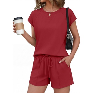 image:imageEkouaer Cotton Two Piece Sets for Women Summer Short Set Crew Neck Matching Sets Cap Sleeve Vacation Outfits With PocketWine Red