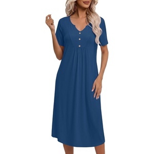 image:imageEkouaer Nightgowns for Women Bamboo Viscose Long Night Gown Short Sleeve Moo Moos V Neck Sleep Shirts Pleated House DressBlue