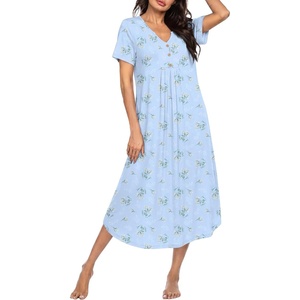 image:imageEkouaer Nightgowns for Women Bamboo Viscose Long Night Gown Short Sleeve Moo Moos V Neck Sleep Shirts Pleated House DressBlue Floral