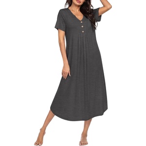 image:imageEkouaer Nightgowns for Women Bamboo Viscose Long Night Gown Short Sleeve Moo Moos V Neck Sleep Shirts Pleated House DressDark Grey