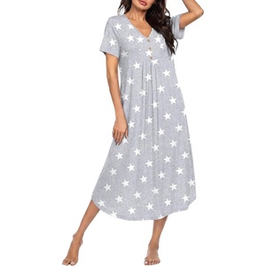 image:imageEkouaer Nightgowns for Women Bamboo Viscose Long Night Gown Short Sleeve Moo Moos V Neck Sleep Shirts Pleated House DressGrey Stars