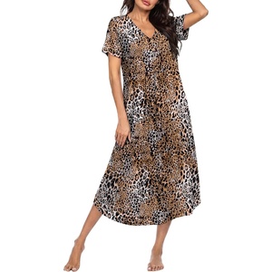 image:imageEkouaer Nightgowns for Women Bamboo Viscose Long Night Gown Short Sleeve Moo Moos V Neck Sleep Shirts Pleated House DressLeopard