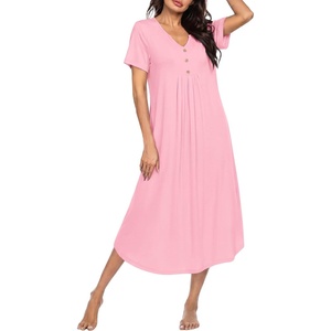 image:imageEkouaer Nightgowns for Women Bamboo Viscose Long Night Gown Short Sleeve Moo Moos V Neck Sleep Shirts Pleated House DressPink