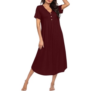 image:imageEkouaer Nightgowns for Women Bamboo Viscose Long Night Gown Short Sleeve Moo Moos V Neck Sleep Shirts Pleated House DressWine Red