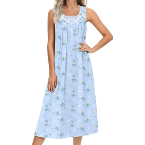 image:imageEkouaer Nightgowns for Women Cotton Long Night Gown Sleeveless Sleep Dress Victorian Nightdress Ladies SleepwearBlue Florals