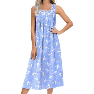 image:imageEkouaer Nightgowns for Women Cotton Long Night Gown Sleeveless Sleep Dress Victorian Nightdress Ladies SleepwearBlue White Birds