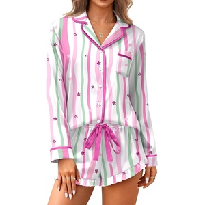 image:imageEkouaer Satin Pajamas Set for Women 2 Piece Silky Long Sleeve and Ruffle Shorts Pajamas Button Down Pjs Loungewear SetColorful Striped Stars