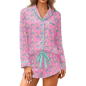image:imageEkouaer Satin Pajamas Set for Women 2 Piece Silky Long Sleeve and Ruffle Shorts Pajamas Button Down Pjs Loungewear SetPineapple Coconut Tree
