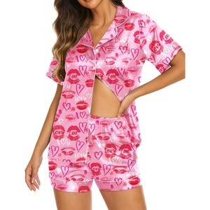image:imageEkouaer Silk Pajamas for Women Short Sleeve Sleepwear Soft Button Down Loungewear 2 Piece Satin Pjs Shorts SetPink Heart