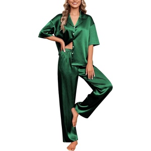 image:imageEkouaer Silk Satin Pajamas Set Women Short Sleeve Pj Sets Button Down Sleepwear 2 Piece Soft Loungewear SXXLGreen