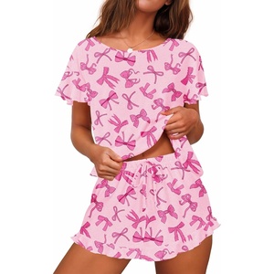 image:imageEkouaer Womens Pajama Set Ruffle Sleeves Top and Short Soft 2 Piece Loungewear SetPink Bow