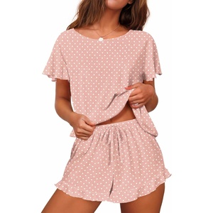 image:imageEkouaer Womens Pajama Set Ruffle Sleeves Top and Short Soft 2 Piece Loungewear SetPink Polka Dots
