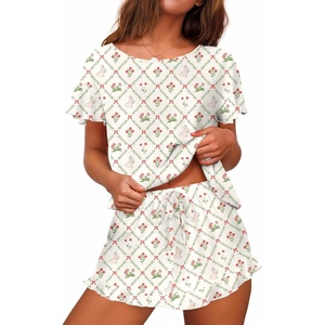 image:imageEkouaer Womens Pajama Set Ruffle Sleeves Top and Short Soft 2 Piece Loungewear SetRabbits and Flowers