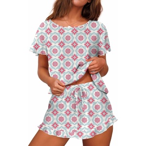 image:imageEkouaer Womens Pajama Set Ruffle Sleeves Top and Short Soft 2 Piece Loungewear SetSilhouette Flower Leaves