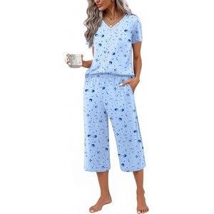 image:imageEkouaer Womens Pajama Sets Short Sleeve Sleepwear Button Up Pj Loungewear Top and Capri Pants with PocketsBlue Star