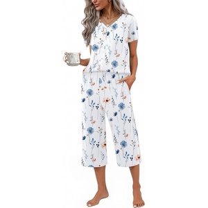 image:imageEkouaer Womens Pajama Sets Short Sleeve Sleepwear Button Up Pj Loungewear Top and Capri Pants with PocketsFloral White