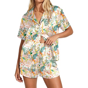 image:imageEkouaer Womens Satin Pajama Set Short Sleeve Button Down Sleepwear 2 Piece Silky Pj Set Soft Loungewear for LadiesFlowersPlantsPink
