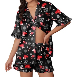 image:imageEkouaer Womens Satin Pajamas Set 2 Piece Button Down Silk Pjs Ruffle Short Sleeve Shorts Set Notch Collar SleepwearBlack Christmas Boots