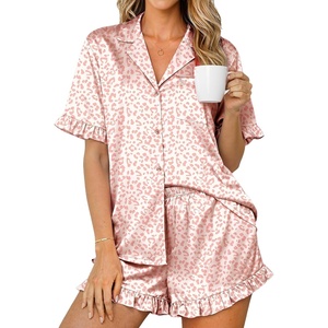image:imageEkouaer Womens Satin Pajamas Set 2 Piece Button Down Silk Pjs Ruffle Short Sleeve Shorts Set Notch Collar SleepwearCoffee Pink Leopard