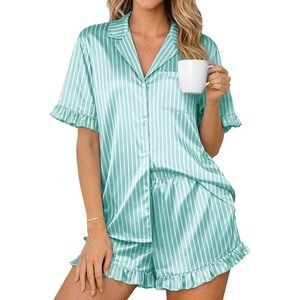 image:imageEkouaer Womens Satin Pajamas Set 2 Piece Button Down Silk Pjs Ruffle Short Sleeve Shorts Set Notch Collar SleepwearGreen White Stripes