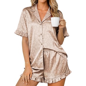 image:imageEkouaer Womens Satin Pajamas Set 2 Piece Button Down Silk Pjs Ruffle Short Sleeve Shorts Set Notch Collar SleepwearKhaki Leopard