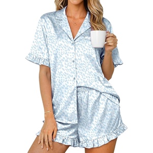 image:imageEkouaer Womens Satin Pajamas Set 2 Piece Button Down Silk Pjs Ruffle Short Sleeve Shorts Set Notch Collar SleepwearLight Blue Leopard