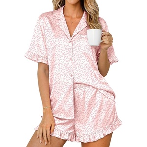 image:imageEkouaer Womens Satin Pajamas Set 2 Piece Button Down Silk Pjs Ruffle Short Sleeve Shorts Set Notch Collar SleepwearLight Pink Leopard
