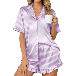 image:imageEkouaer Womens Satin Pajamas Set 2 Piece Button Down Silk Pjs Ruffle Short Sleeve Shorts Set Notch Collar SleepwearPurple White Stripes