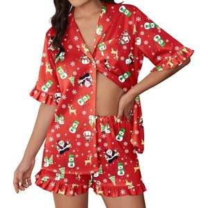 image:imageEkouaer Womens Satin Pajamas Set 2 Piece Button Down Silk Pjs Ruffle Short Sleeve Shorts Set Notch Collar SleepwearRed Christmas Snowman