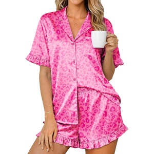 image:imageEkouaer Womens Satin Pajamas Set 2 Piece Button Down Silk Pjs Ruffle Short Sleeve Shorts Set Notch Collar SleepwearRose Pink Leopard