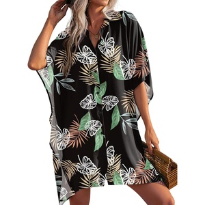 image:imageEkouaer Womens Swimsuit Cover Up 34 Sleeve Beachwear Bikini Coverups Button Down Oversized Cover Up Shirt S3XLBlack Colorful Leaf