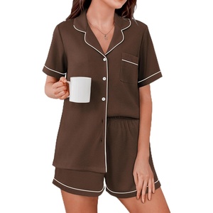 image:imageEkouaer Womens Waffle Knit Pajama Sets Soft Short Sleeve Button Down Sleepwear Cozy 2 Piece Pjs Shorts SetBrown
