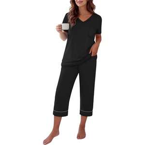 image:imageEkouaer Cotton Pajamas for Women Set Short Sleeve Top and Capri Pants Lounge Sets with Pockets Soft SleepwearBlack