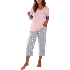 image:imageEkouaer Cotton Pajamas for Women Set Short Sleeve Top and Capri Pants Lounge Sets with Pockets Soft SleepwearPink and Grey Stars