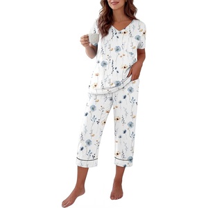 image:imageEkouaer Cotton Pajamas for Women Set Short Sleeve Top and Capri Pants Lounge Sets with Pockets Soft SleepwearWhite Colorful Flowers
