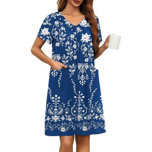 image:imageEkouaer Women Robe Zipper Front Mumu Duster Robes Zip Up Housecoat Soft Sleepwear with PocketsFloral Navy White