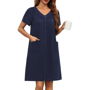 image:imageEkouaer Women Robe Zipper Front Mumu Duster Robes Zip Up Housecoat Soft Sleepwear with PocketsNavy Blue