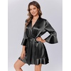 image:imageEkouaer Womens Satin Robe Short Ruffle Hem Silky Robes Lightweight Kimono Brides Bathrobes Sleepwear XSXXLBlack