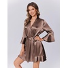 image:imageEkouaer Womens Satin Robe Short Ruffle Hem Silky Robes Lightweight Kimono Brides Bathrobes Sleepwear XSXXLBrown