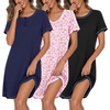image:imageEkouaer Cotton Nightgowns for Women 3 Pack Night Gown Short Sleeve Sleepshirts V Neck Sleepwear Soft Tshirt Pajama DressBlackPink FloralNavy Blue